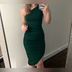 Green One Shoulder Split Thigh Ruched Dress